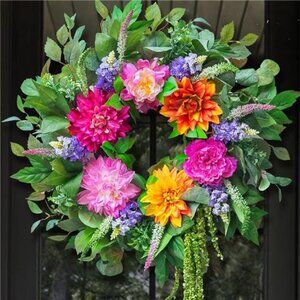 Summer Wreath for Front Door – 24 Inch Artificial Dahlia, Peony, Hyacinth
